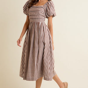 Brown Gingham Lace Trim Puff Sleeves Lined Midi Dress