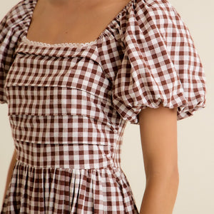 Brown Gingham Lace Trim Puff Sleeves Lined Midi Dress
