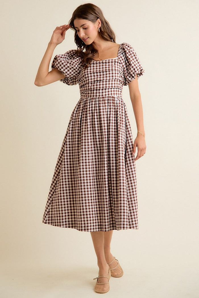 Brown Gingham Lace Trim Puff Sleeves Lined Midi Dress