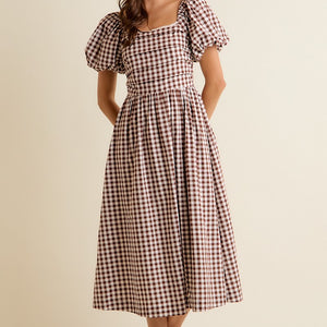 Brown Gingham Lace Trim Puff Sleeves Lined Midi Dress