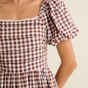 Brown Gingham Lace Trim Puff Sleeves Lined Midi Dress