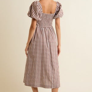 Brown Gingham Lace Trim Puff Sleeves Lined Midi Dress