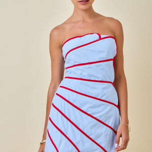 Blue Strapless Mini Dress W/ Overlapped Scallop Panels