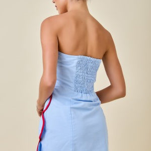 Blue Strapless Mini Dress W/ Overlapped Scallop Panels
