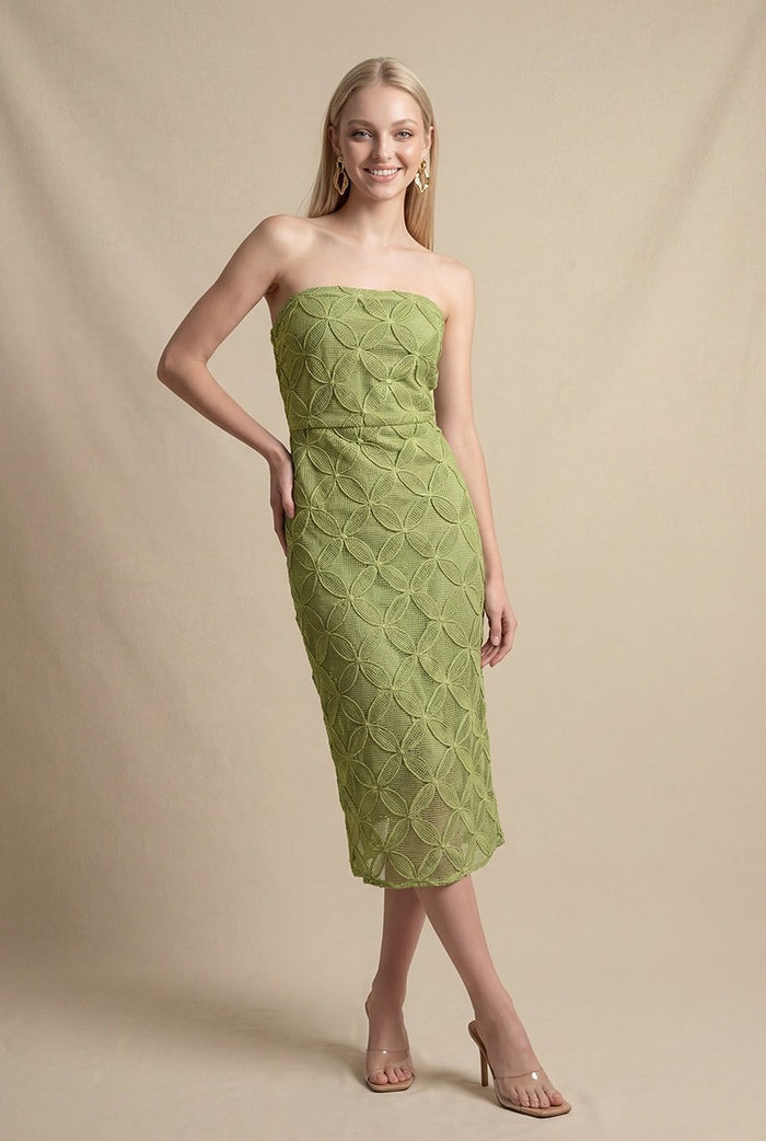 Green Textured Crochet Lace Strapless Midi Dress