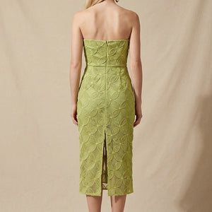 Green Textured Crochet Lace Strapless Midi Dress