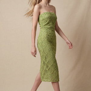 Green Textured Crochet Lace Strapless Midi Dress