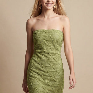 Green Textured Crochet Lace Strapless Midi Dress