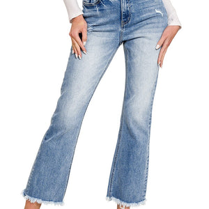 HIGH RISE STRAIGHT RAW HEM CROPPED DENIM PANTS