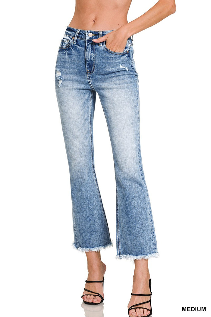 HIGH RISE STRAIGHT RAW HEM CROPPED DENIM PANTS