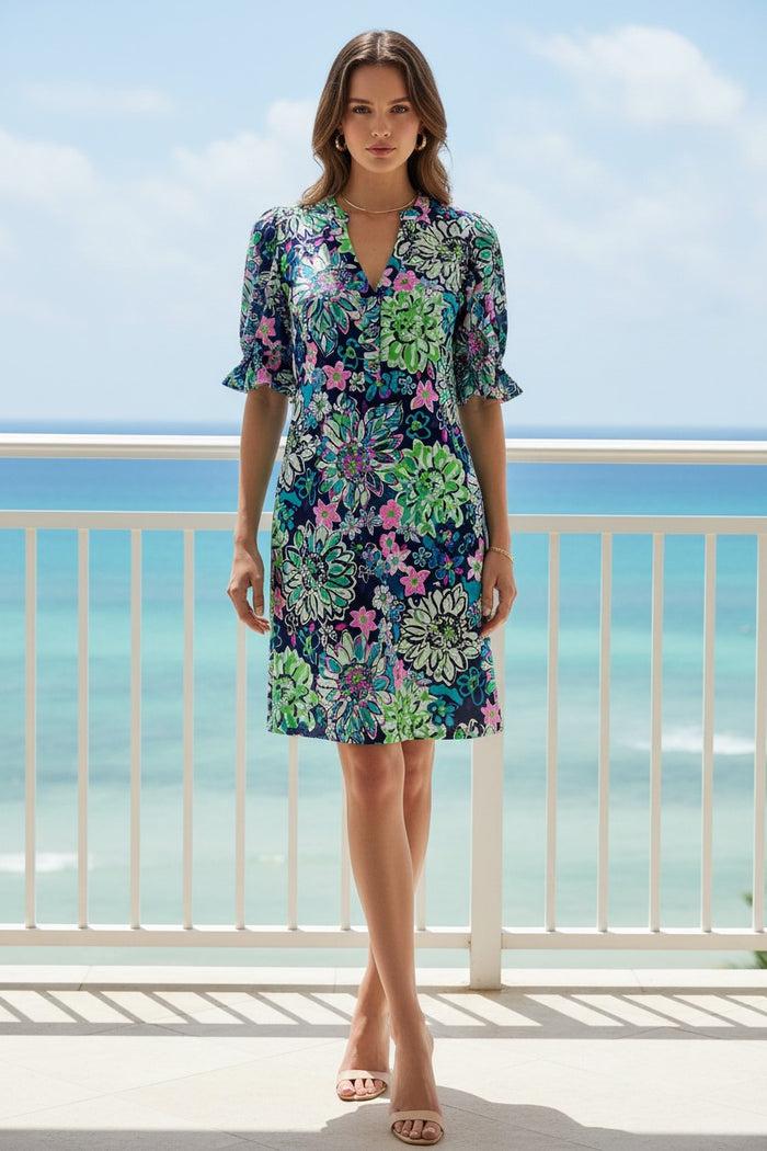 Navy Sienna Midnight Garden Puff Sleeve Dress