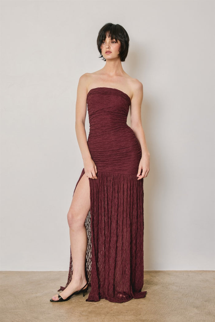Sangria Ruched Strapless Lace Maxi Dress