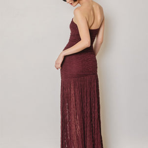 Sangria Ruched Strapless Lace Maxi Dress