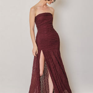 Sangria Ruched Strapless Lace Maxi Dress