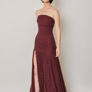 Sangria Ruched Strapless Lace Maxi Dress