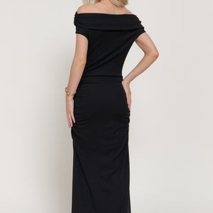 Black Off The Shoulder Shirring Knit Long Dress