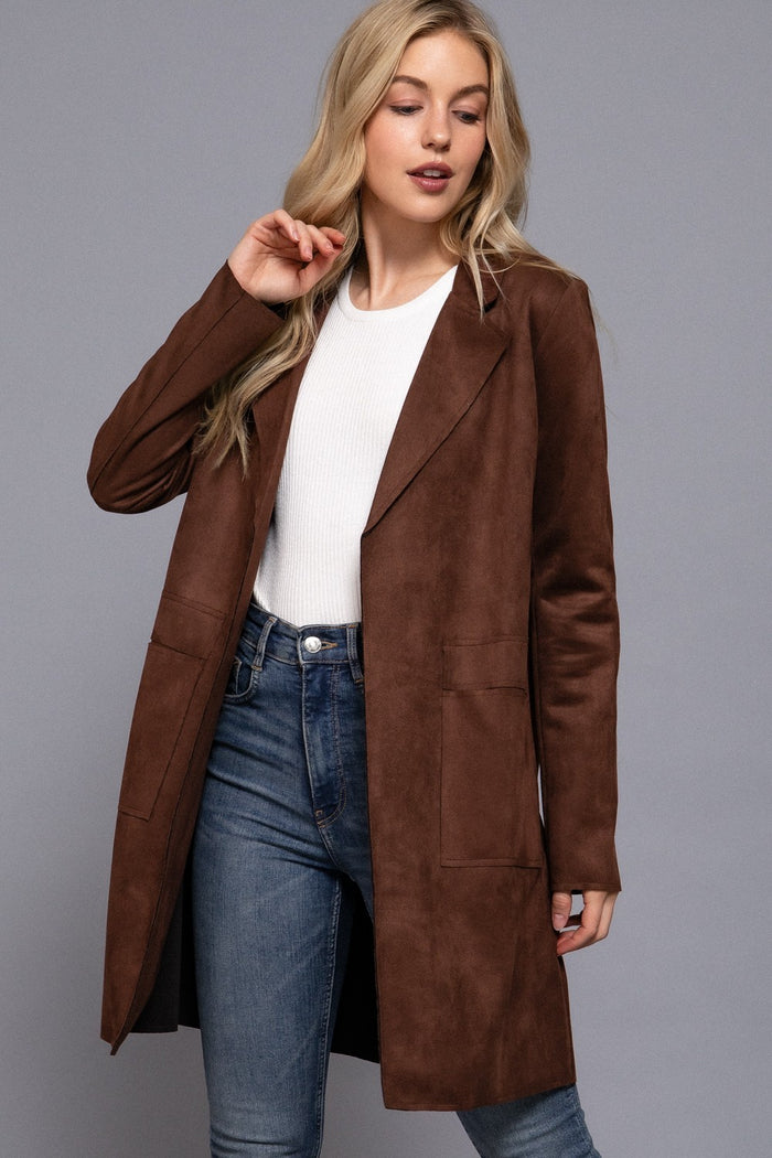 Brown Long Slv Open Front Big Collar Faux Suede Jacket