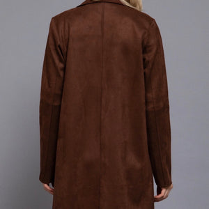 Brown Long Slv Open Front Big Collar Faux Suede Jacket