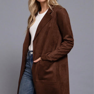 Brown Long Slv Open Front Big Collar Faux Suede Jacket