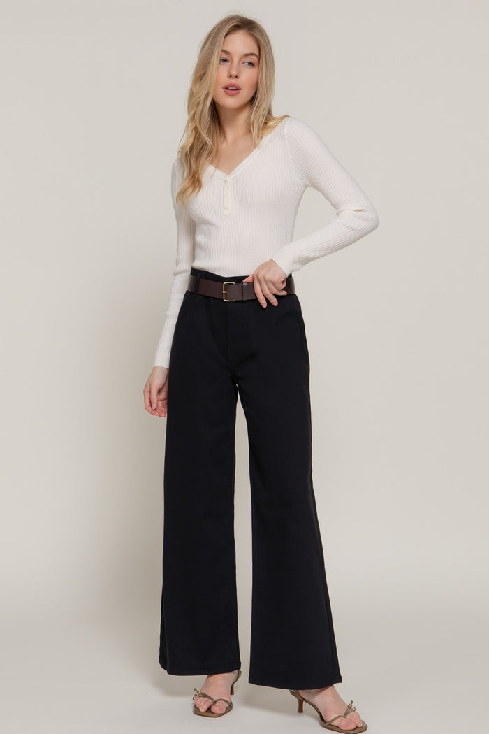 Black Belted Relaxed Leg Twill Stretch Pants