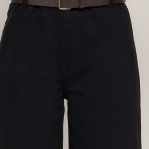 Black Belted Relaxed Leg Twill Stretch Pants
