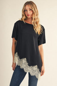 Black Lace Accent Asymmetrical Hem Satin Blouse