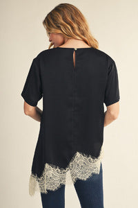 Black Lace Accent Asymmetrical Hem Satin Blouse