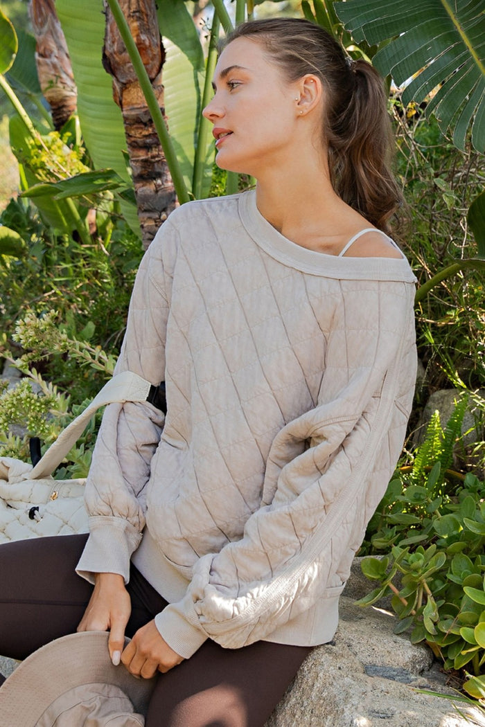 Taupe Mineral Washed Quilt Off Shoulder Pullover
