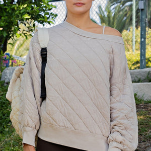 Taupe Mineral Washed Quilt Off Shoulder Pullover