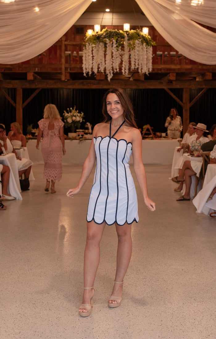Blue stripe Piping Halter Neck Dress