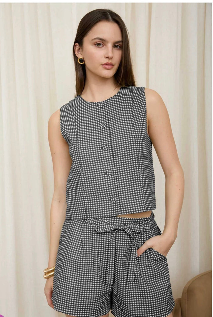 BLACK PLAID WAIST BELT STRAP SHORT SET