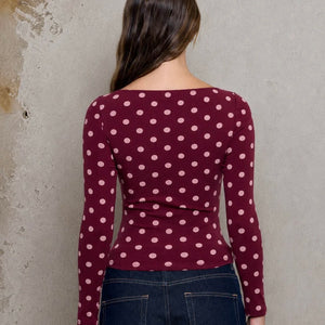 Burgundy POLKA DOT BOAT NECK LONG SLEEVE KNIT TOP
