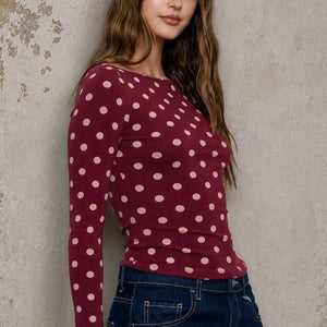 Burgundy POLKA DOT BOAT NECK LONG SLEEVE KNIT TOP