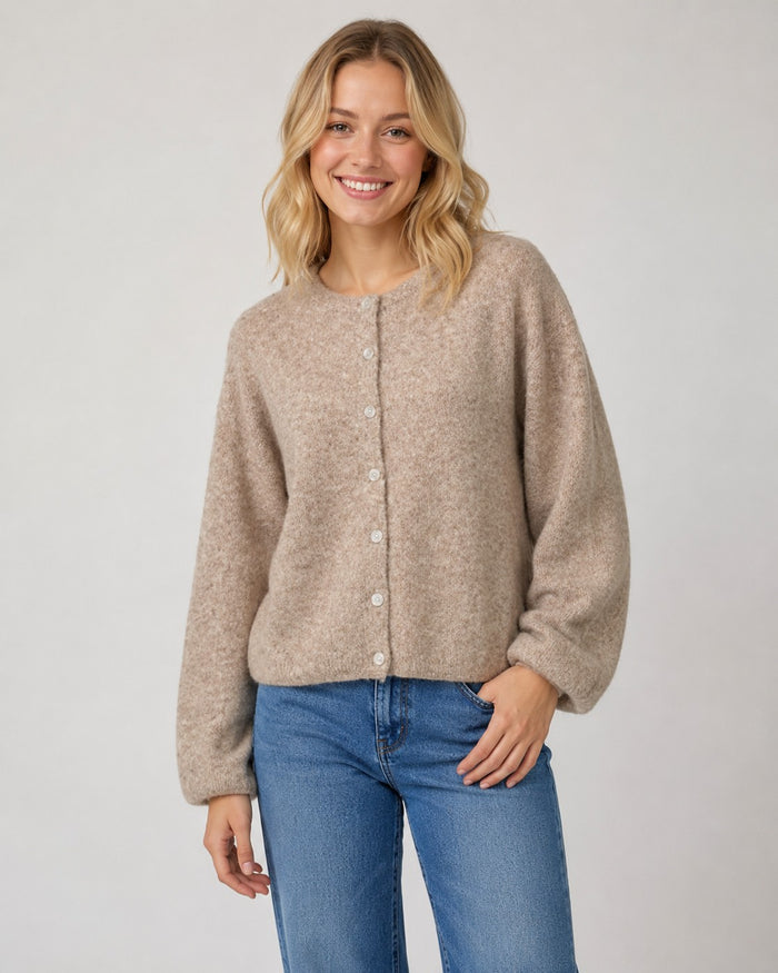 Mocha Crew-neck Button-up Cardigan