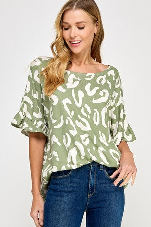 Sage ivory ruffle sleeve top