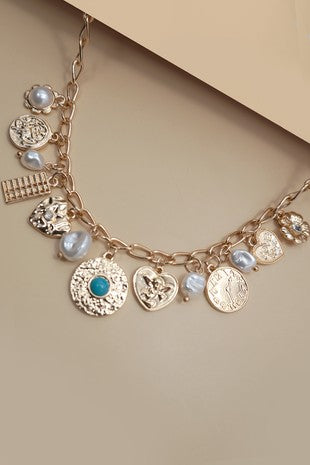 Pearl/heart/coin charm necklace