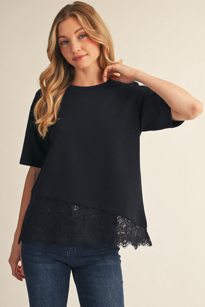 Black Lace Contrast Hem Detail Solid Top