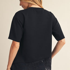 Black Lace Contrast Hem Detail Solid Top