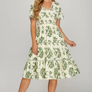 Green printed waist smocking tiered dress