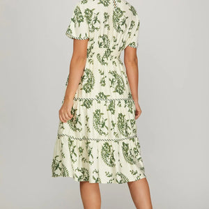 Green printed waist smocking tiered dress