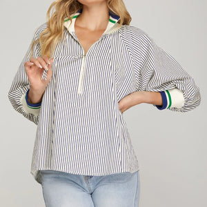 Navy pin stripe top w zip detail