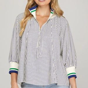 Navy pin stripe top w zip detail