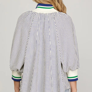 Navy pin stripe top w zip detail