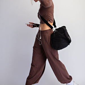 Brown Cotton Lycra Crossover Long Sleeve Set