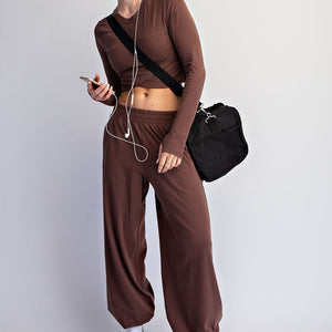 Brown Cotton Lycra Crossover Long Sleeve Set