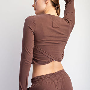 Brown Cotton Lycra Crossover Long Sleeve Set