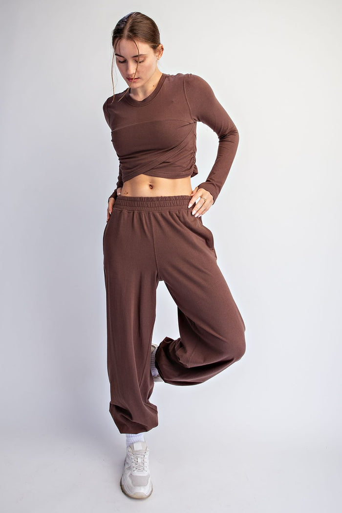 Brown Cotton Lycra Crossover Long Sleeve Set