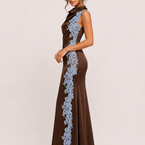Brown Cowl Neck Side Lace Satin Dress