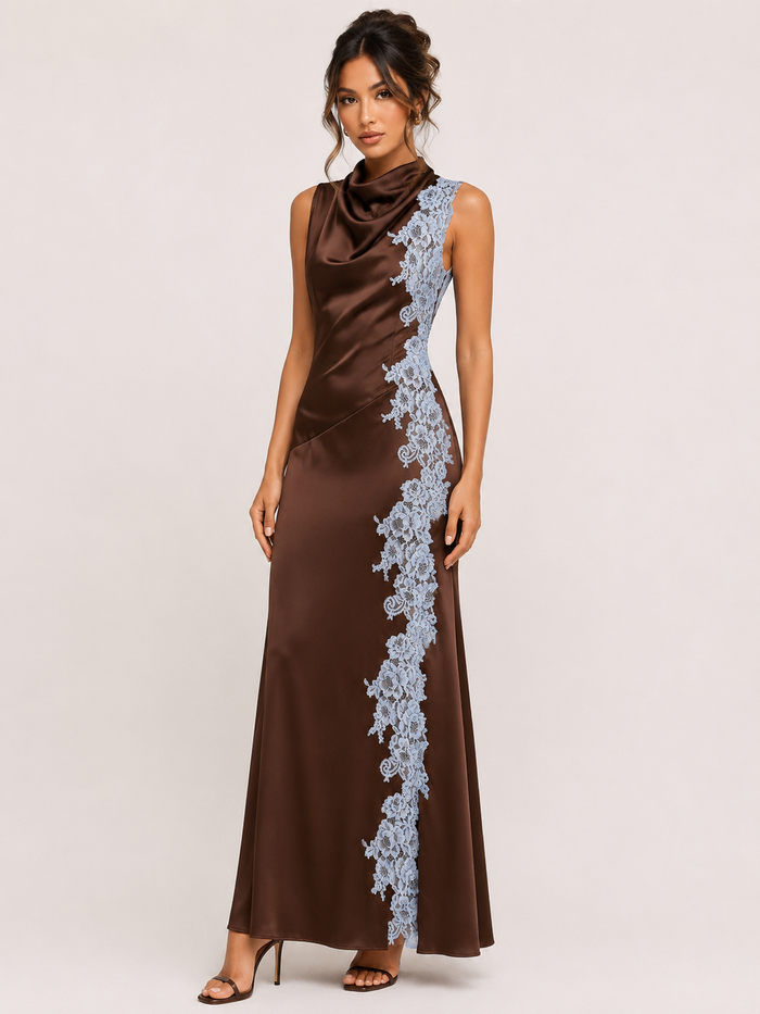 Brown Cowl Neck Side Lace Satin Dress
