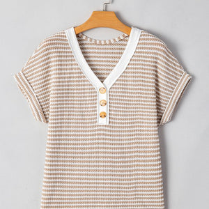 Stripe Buttoned Front V Neck Knitted T Shirt
